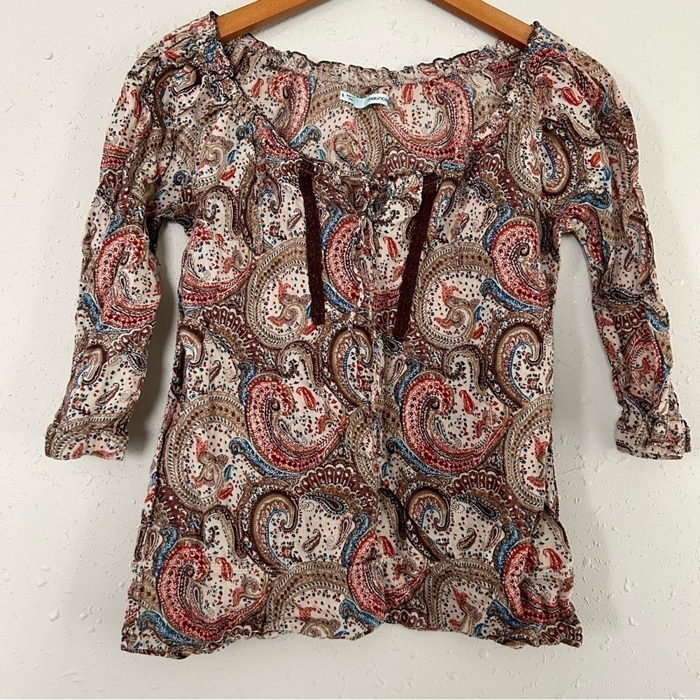 🦋 Maurices Brown Red Paisley Mid Sleeve Blouse Small Boho Bohemian